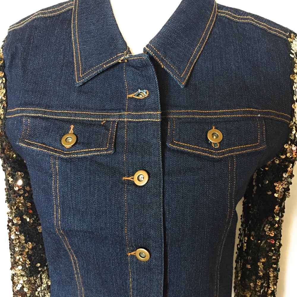 Intro Denim Sequins Sleeve Jacket, Size Large - image 3